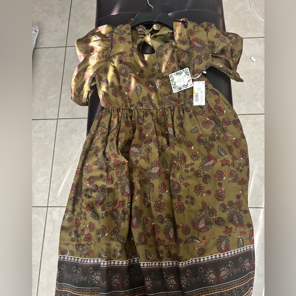 Floral Kids Dress in Olive Green and Brown